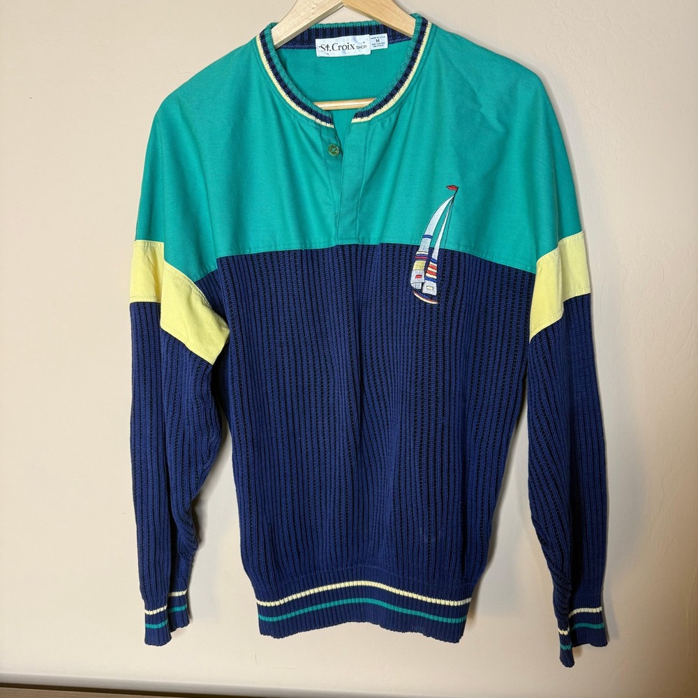 St. Croix Vintage 90s Colorblock Sailing Sailboat Pullover Sweater Size‎ M